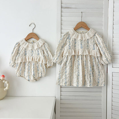 Arrival Autumn Baby Kids Girls Long Sleeves Blue Floral Pattern Hollow-out Collar bodysuit and Dress – Princess Sister Matching Set