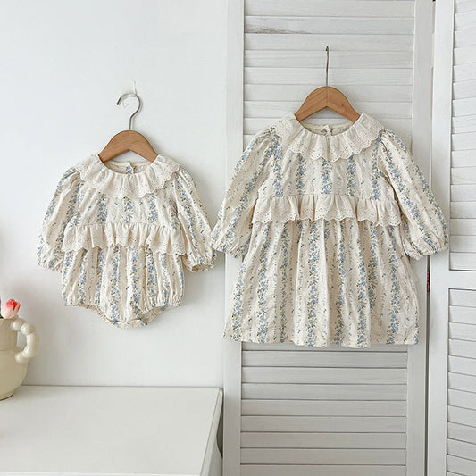 MyKids-USA® Baby Kids Girls Long Sleeves Blue Floral Pattern Hollow-out Collar bodysuit and Dress – Princess Sister Matching Set