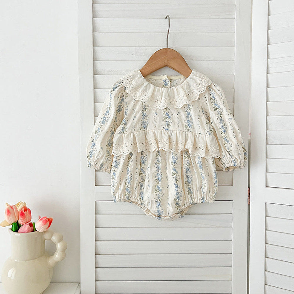 Arrival Autumn Baby Kids Girls Long Sleeves Blue Floral Pattern Hollow-out Collar bodysuit and Dress – Princess Sister Matching Set
