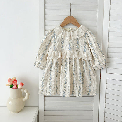 Arrival Autumn Baby Kids Girls Long Sleeves Blue Floral Pattern Hollow-out Collar bodysuit and Dress – Princess Sister Matching Set
