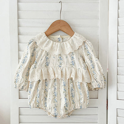 Arrival Autumn Baby Kids Girls Long Sleeves Blue Floral Pattern Hollow-out Collar bodysuit and Dress – Princess Sister Matching Set