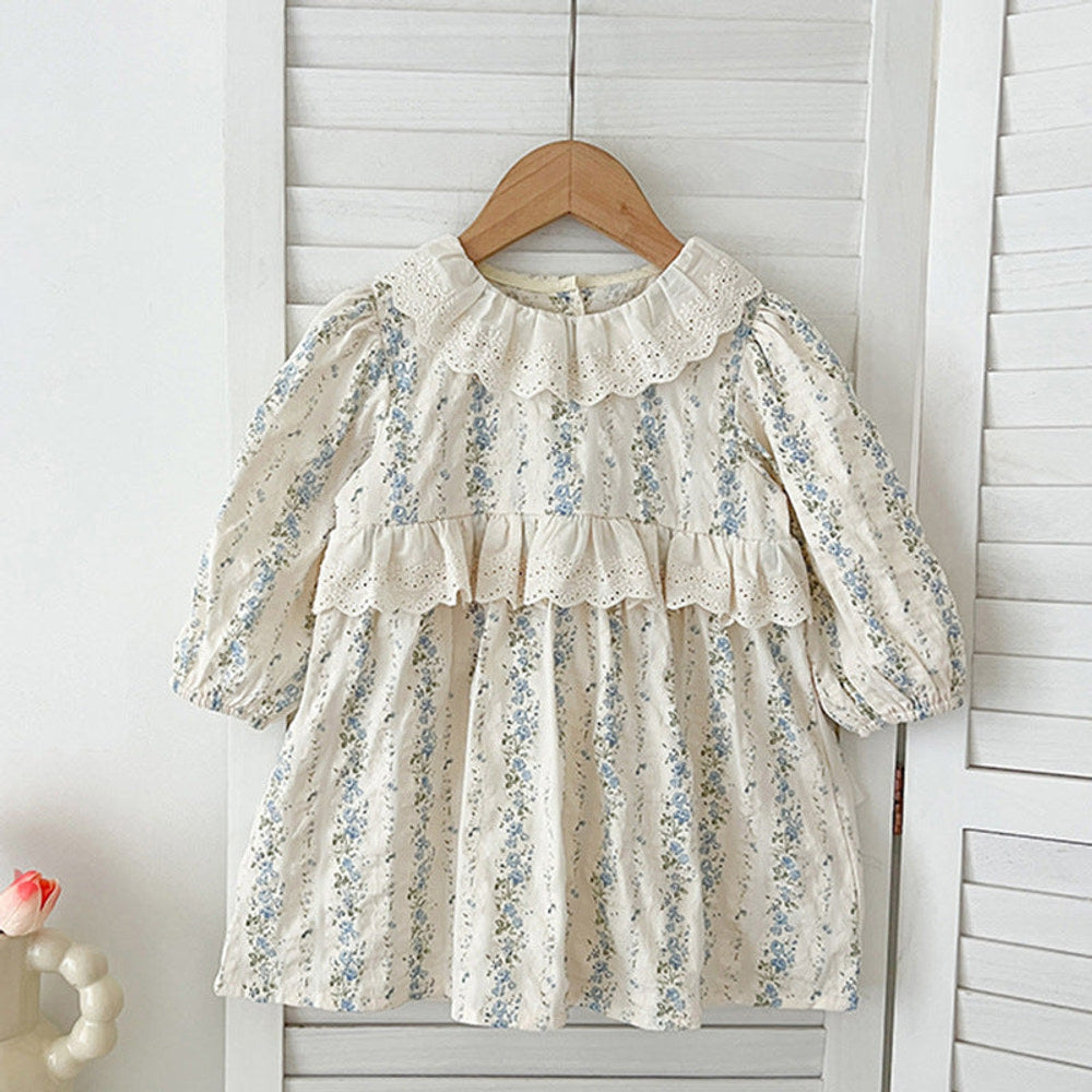 Arrival Autumn Baby Kids Girls Long Sleeves Blue Floral Pattern Hollow-out Collar bodysuit and Dress – Princess Sister Matching Set