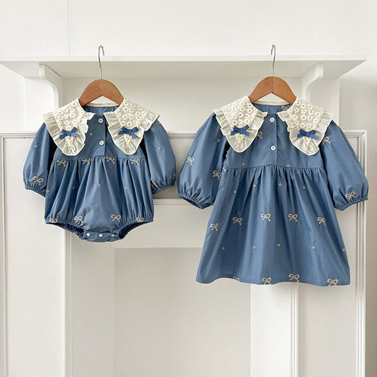 MyKids-USA® Baby Kids Girls Long Sleeves Bows Embroidery Pattern Floral Collar bodysuit and Dress – Princess Sister Matching Set