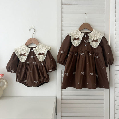 MyKids-USA® Baby Kids Girls Long Sleeves Bows Embroidery Pattern Floral Collar bodysuit or Dress – Princess Sister Matching