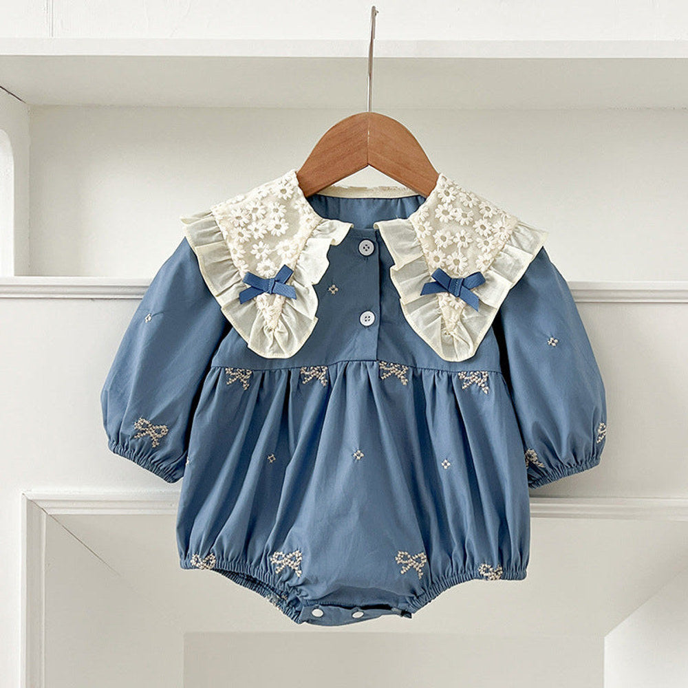 MyKids-USA® Baby Kids Girls Long Sleeves Bows Embroidery Pattern Floral Collar bodysuit or Dress – Princess Sister Matching