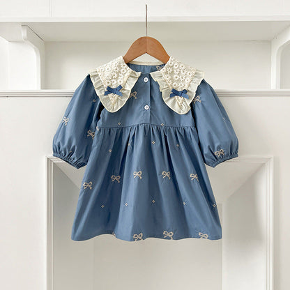 MyKids-USA® Baby Kids Girls Long Sleeves Bows Embroidery Pattern Floral Collar bodysuit or Dress – Princess Sister Matching