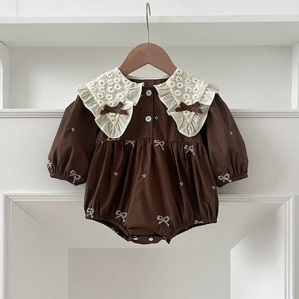 MyKids-USA® Baby Kids Girls Long Sleeves Bows Embroidery Pattern Floral Collar bodysuit or Dress – Princess Sister Matching