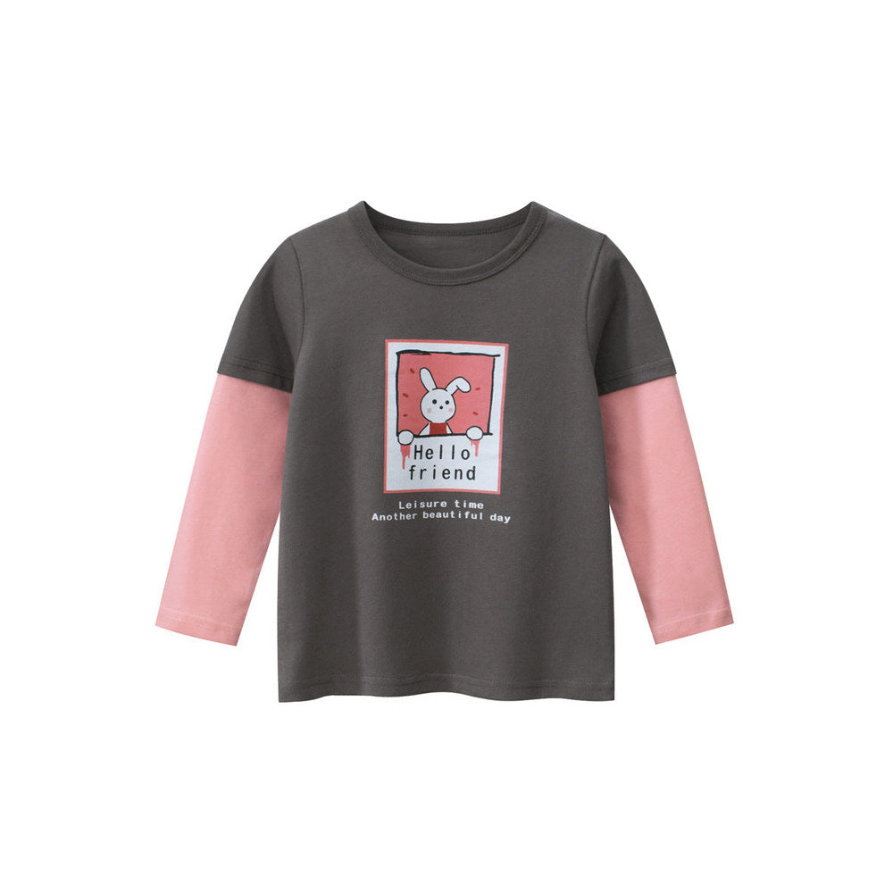 MyKids-USA® Kids Girls Animals Cartoon Print Crew Neck Long Sleeves Color Patchwork Shirt