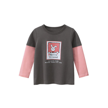 MyKids-USA® Kids Girls Animals Cartoon Print Crew Neck Long Sleeves Color Patchwork Shirt