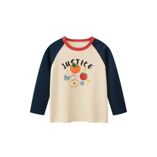 MyKids-USA® Kids Girls Cartoon Print Crew Neck Long Sleeves Color Patchwork Shirt