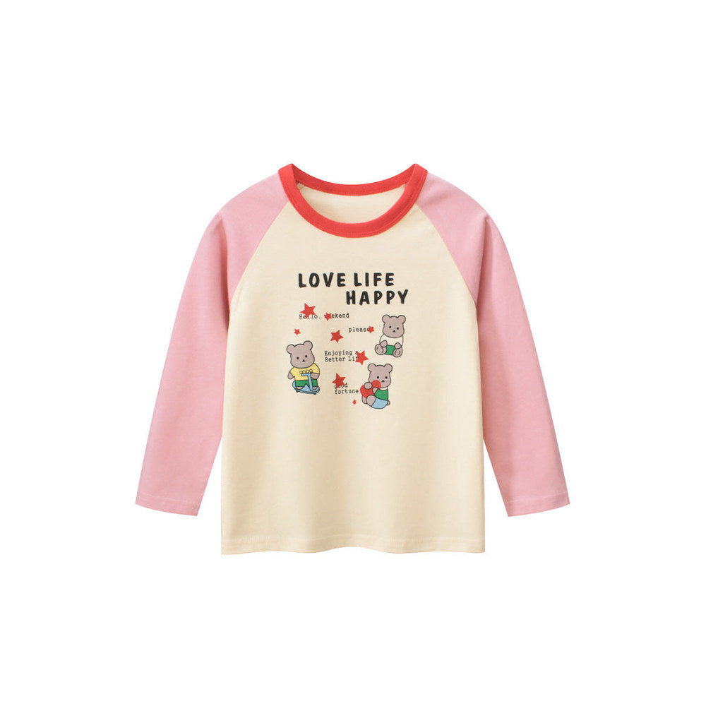 MyKids-USA® Kids Girls Cartoon Print Crew Neck Long Sleeves Color Patchwork Shirt
