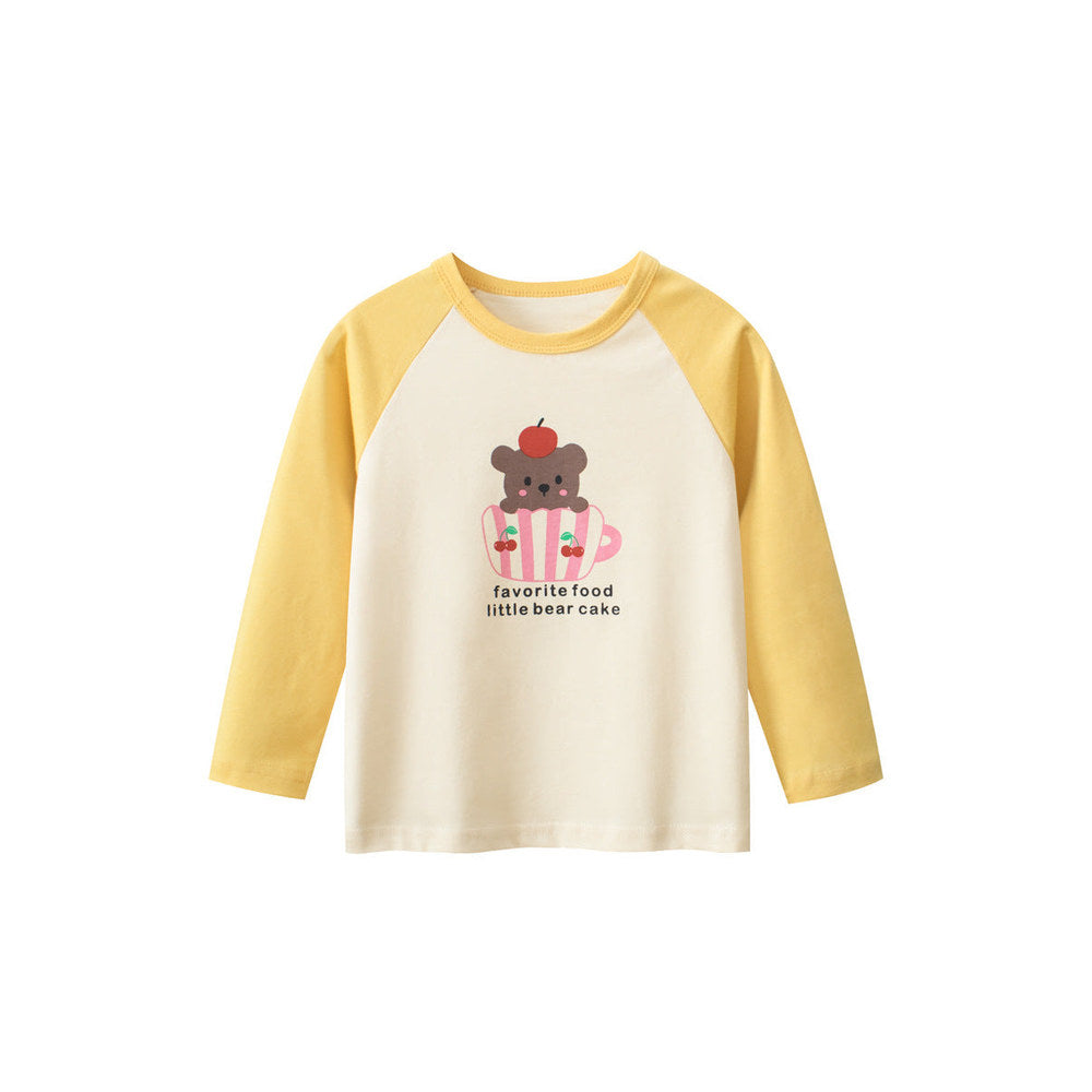 MyKids-USA® Kids Girls Cartoon Print Crew Neck Long Sleeves Color Patchwork Shirt