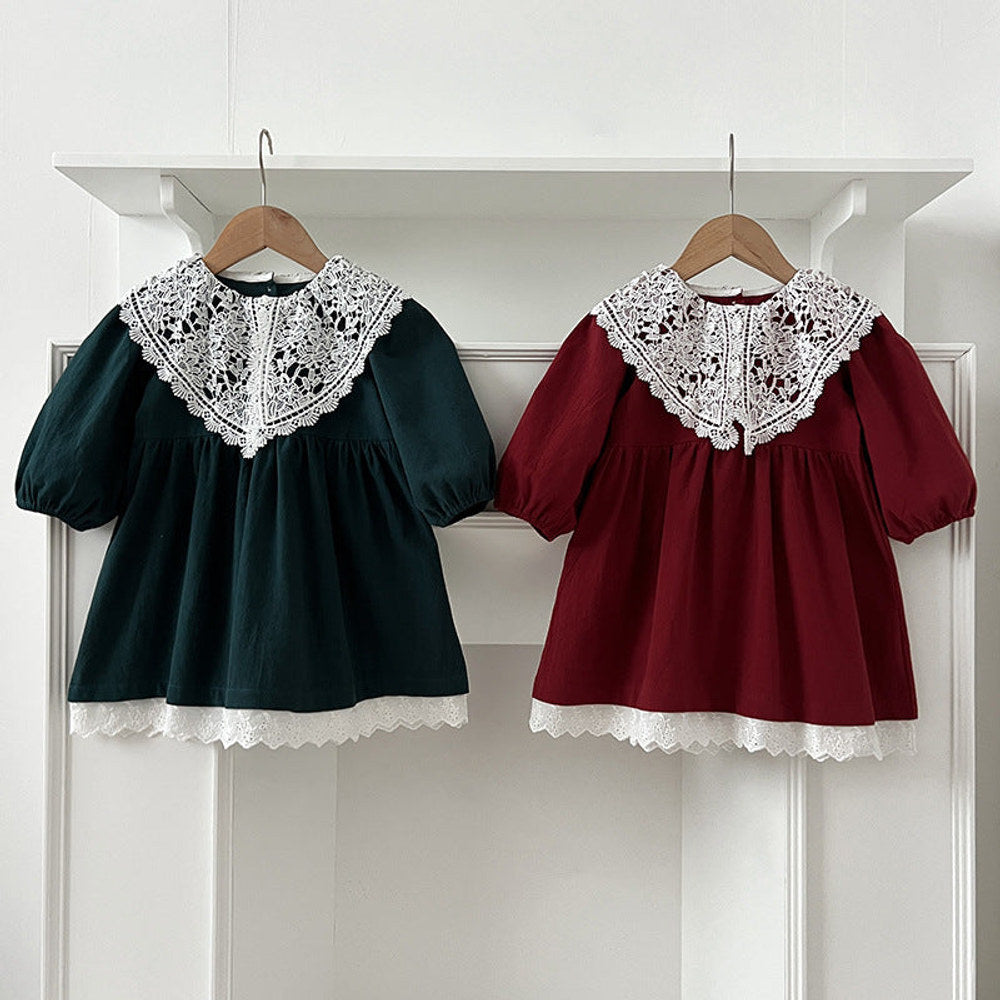 MyKids-USA® Baby Kids Girls Long Sleeves Vintage Hollow-out Lace Collar Dress