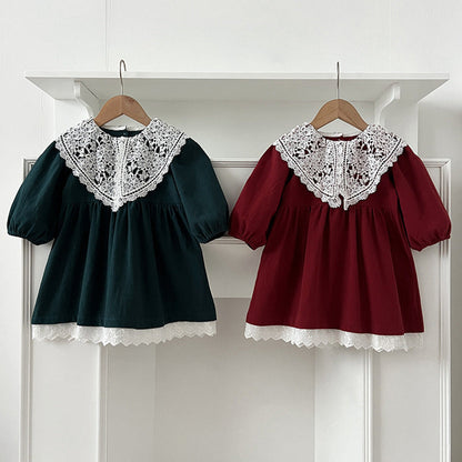 MyKids-USA® Baby Kids Girls Long Sleeves Vintage Hollow-out Lace Collar Dress