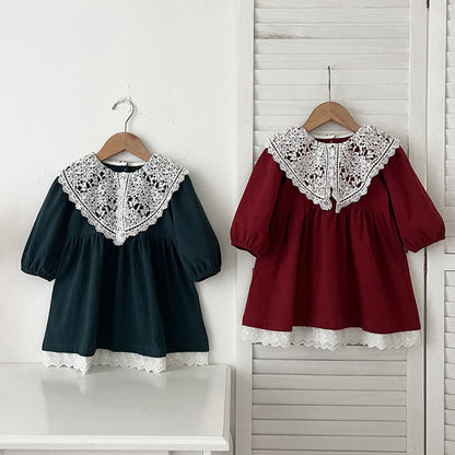 MyKids-USA® Baby Kids Girls Long Sleeves Vintage Hollow-out Lace Collar Dress