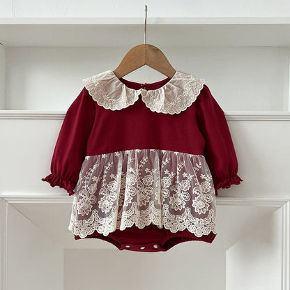 Autumn Arrival Baby Girls Long Sleeves Hollow-out Collar Tulle Patchwork bodysuit