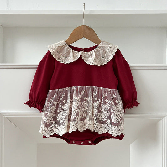 MyKids-USA® Baby Girls Long Sleeves Hollow-out Collar Tulle Patchwork bodysuit