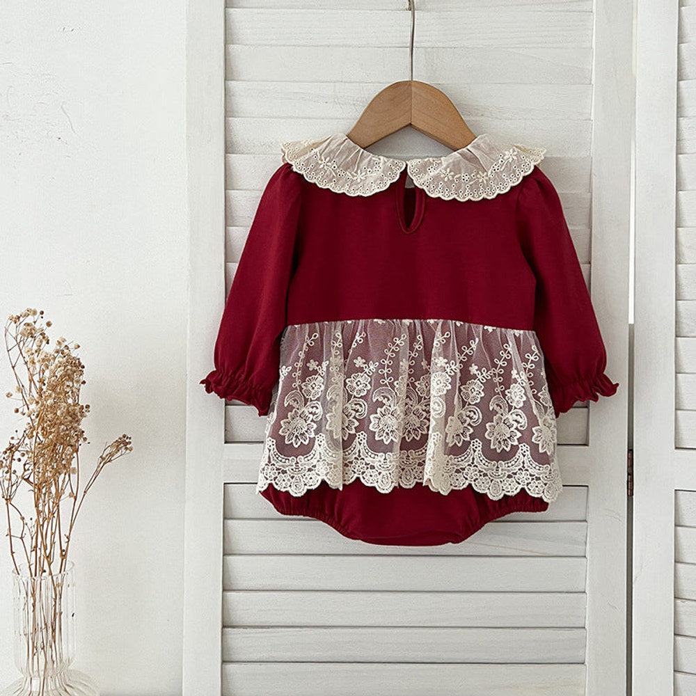 Autumn Arrival Baby Girls Long Sleeves Hollow-out Collar Tulle Patchwork bodysuit