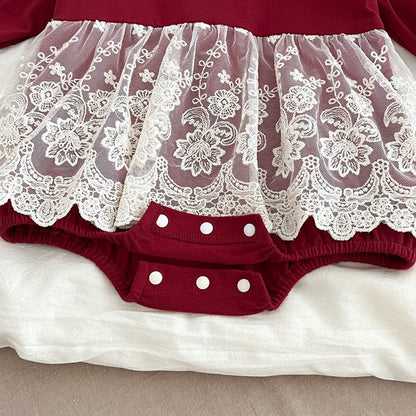 Autumn Arrival Baby Girls Long Sleeves Hollow-out Collar Tulle Patchwork bodysuit