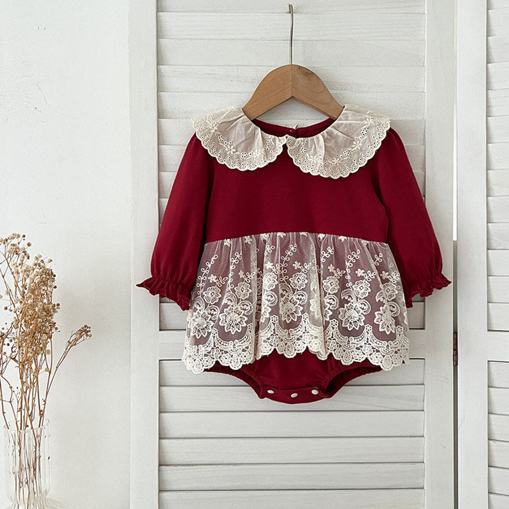 Autumn Arrival Baby Girls Long Sleeves Hollow-out Collar Tulle Patchwork bodysuit