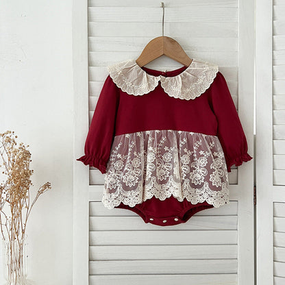 Autumn Arrival Baby Girls Long Sleeves Hollow-out Collar Tulle Patchwork bodysuit