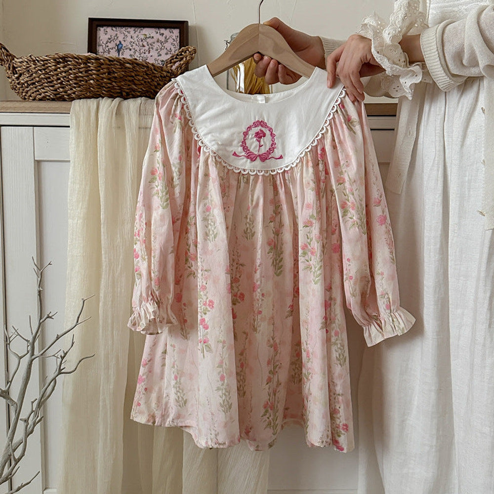 MyKids-USA® Girls Flowers Pattern Crew Neck Long Sleeves Embroidered Dress