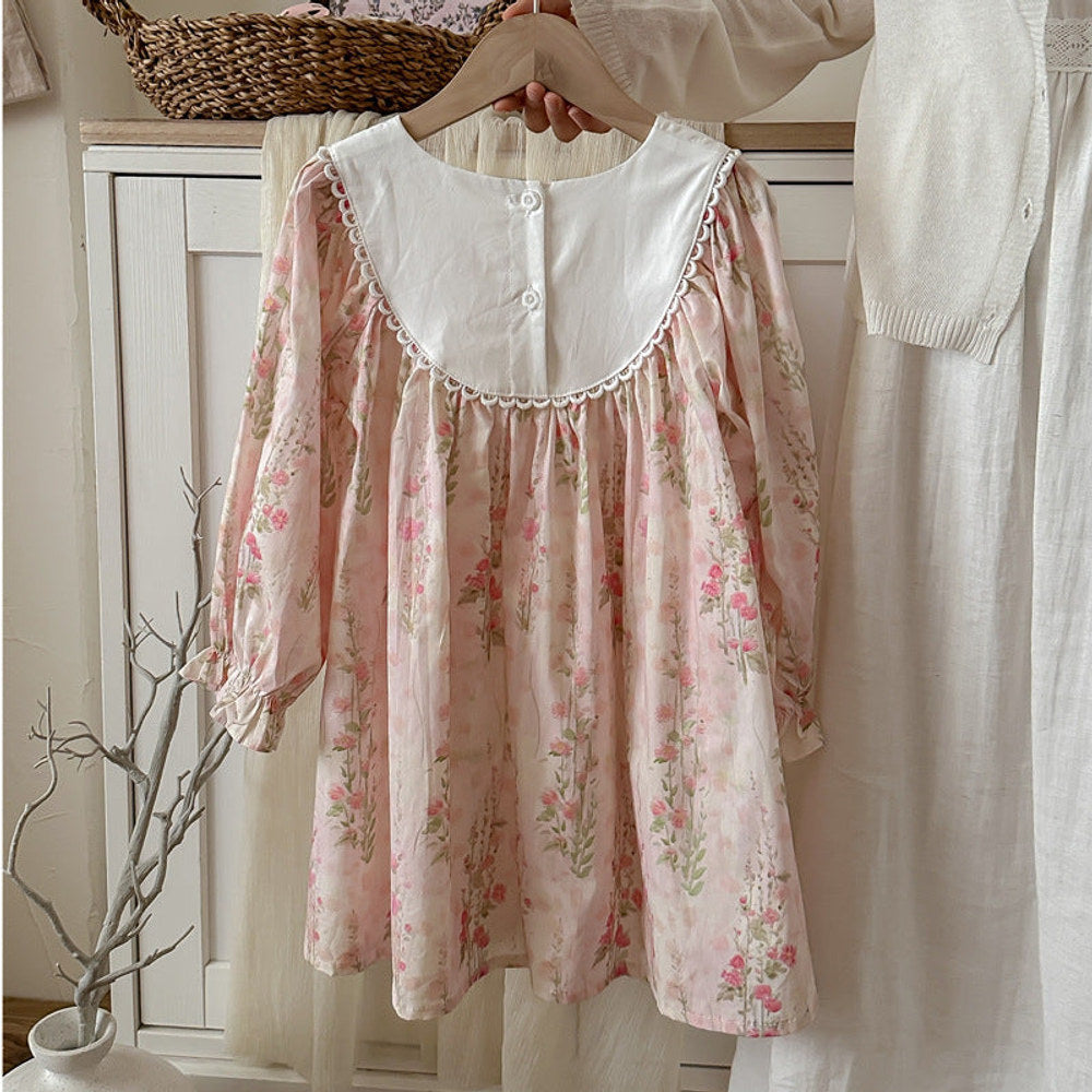 MyKids-USA® Girls Flowers Pattern Crew Neck Long Sleeves Embroidered Dress