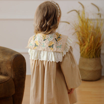 MyKids-USA® Girls Artsy Flowers Embroidery Pattern Collar Long Sleeves Stylish Dress