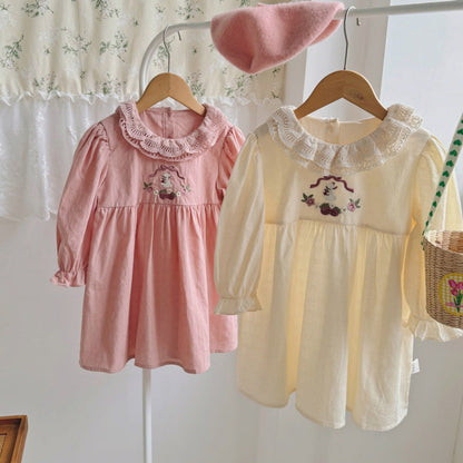 MyKids-USA® Girls Simple Cartoon Embroidery Pattern Long Sleeves Hollow-out Collar Dress