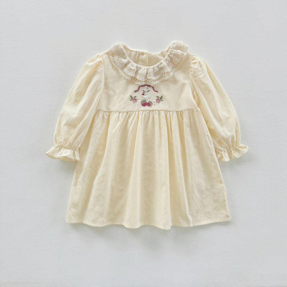 MyKids-USA® Girls Simple Cartoon Embroidery Pattern Long Sleeves Hollow-out Collar Dress