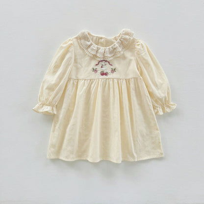 MyKids-USA® Girls Simple Cartoon Embroidery Pattern Long Sleeves Hollow-out Collar Dress