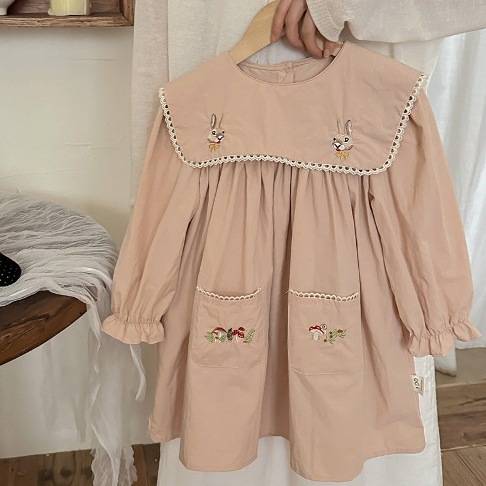 MyKids-USA® Design Girls Rabbits and Mushrooms Embroidery Pattern Long Sleeves Pocketed Dress