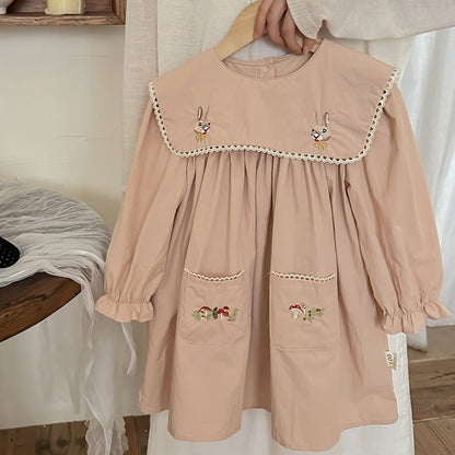 MyKids-USA® Design Girls Rabbits and Mushrooms Embroidery Pattern Long Sleeves Pocketed Dress
