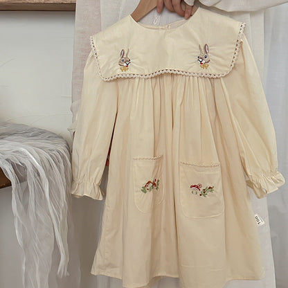 MyKids-USA® Design Girls Rabbits and Mushrooms Embroidery Pattern Long Sleeves Pocketed Dress