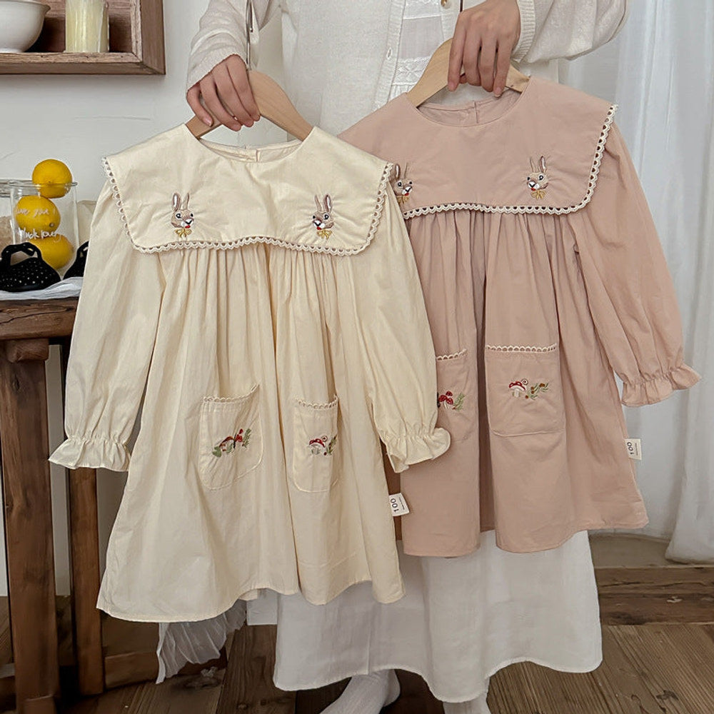 MyKids-USA® Design Girls Rabbits and Mushrooms Embroidery Pattern Long Sleeves Pocketed Dress