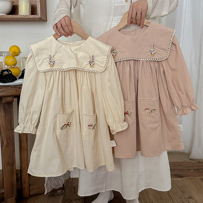 MyKids-USA® Design Girls Rabbits and Mushrooms Embroidery Pattern Long Sleeves Pocketed Dress