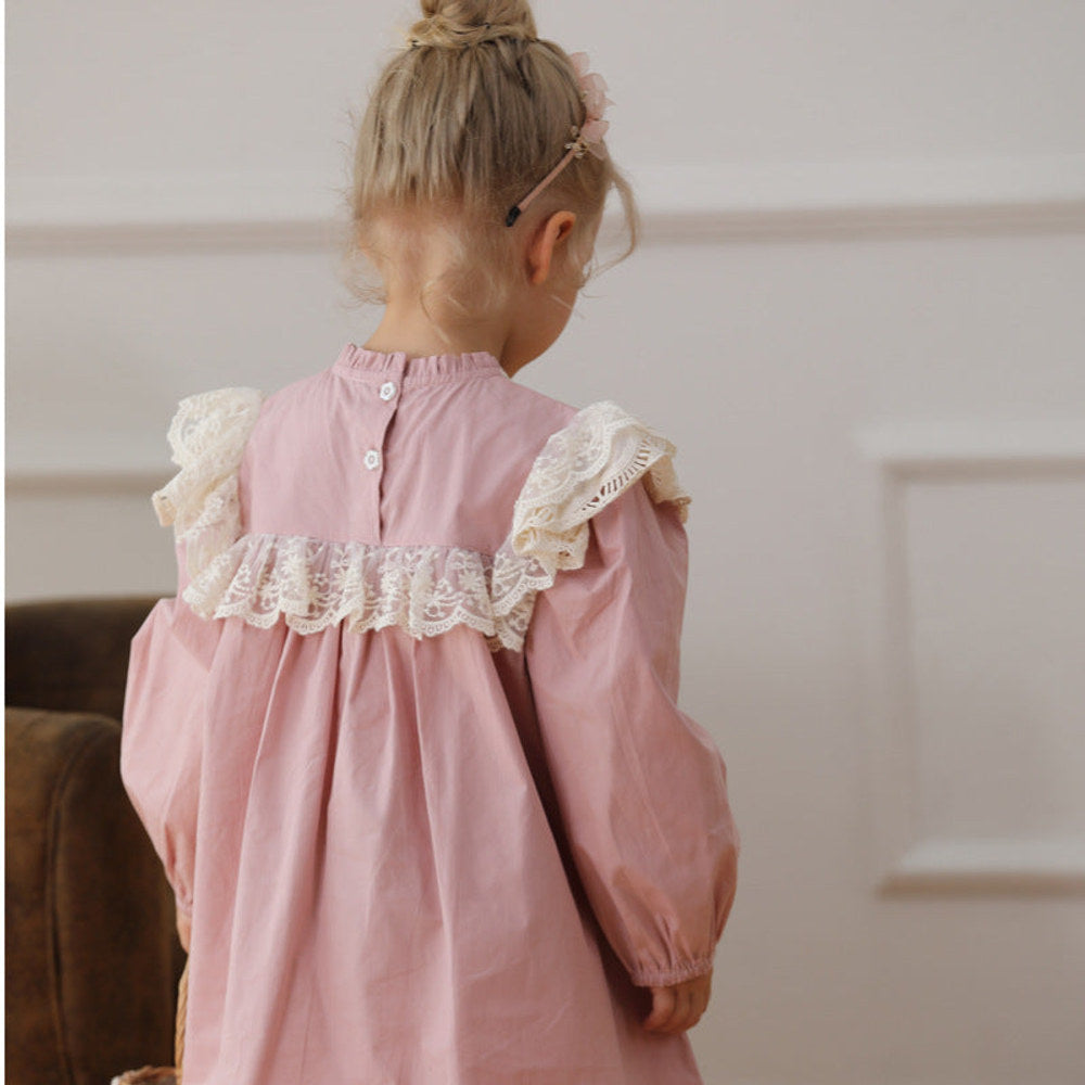 MyKids-USA® Design Girls Flowers Embroidery Pattern Long Sleeves French Style Lace Trim Dress