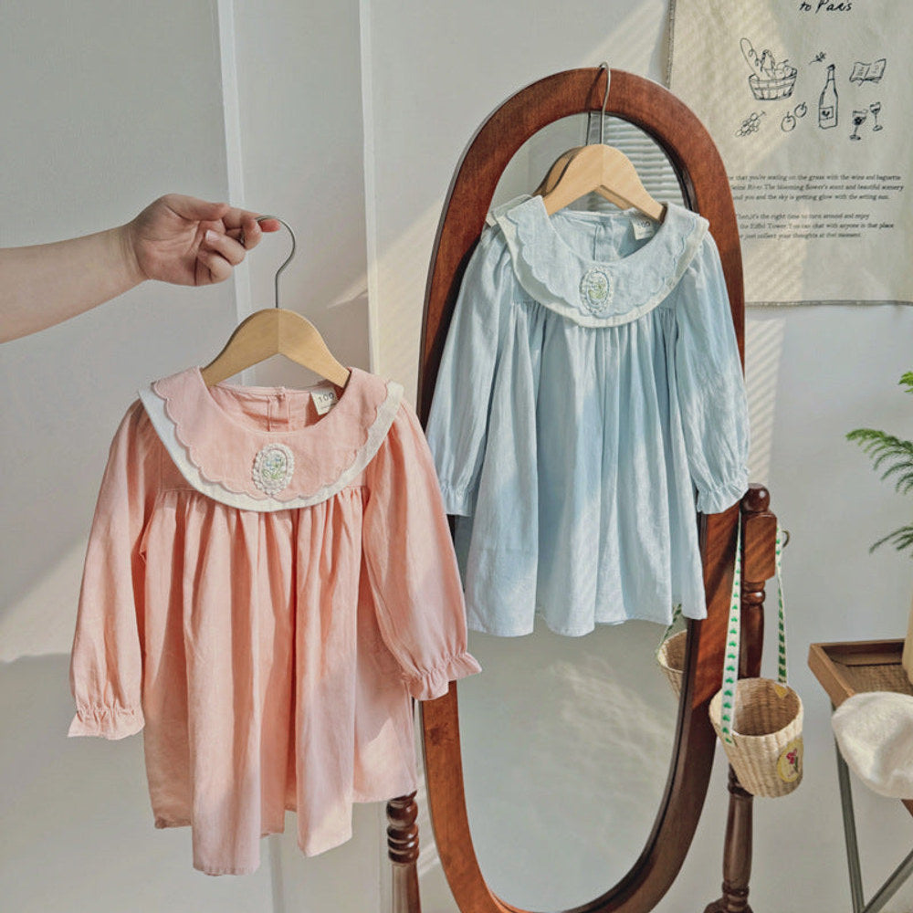 MyKids-USA® Simple Plain Girls Flower Embroidery Collar Long Sleeves French Style Dress