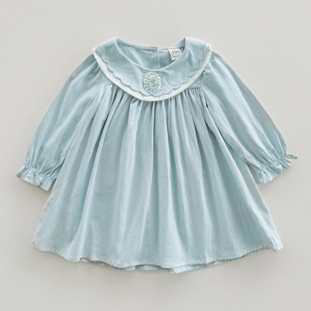 MyKids-USA® Simple Plain Girls Flower Embroidery Collar Long Sleeves French Style Dress