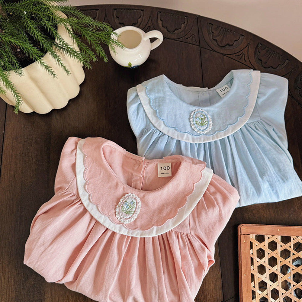 MyKids-USA® Simple Plain Girls Flower Embroidery Collar Long Sleeves French Style Dress