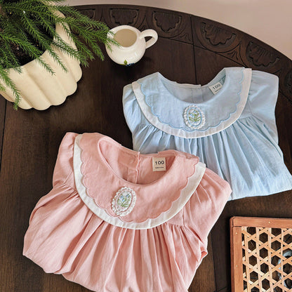 MyKids-USA® Simple Plain Girls Flower Embroidery Collar Long Sleeves French Style Dress