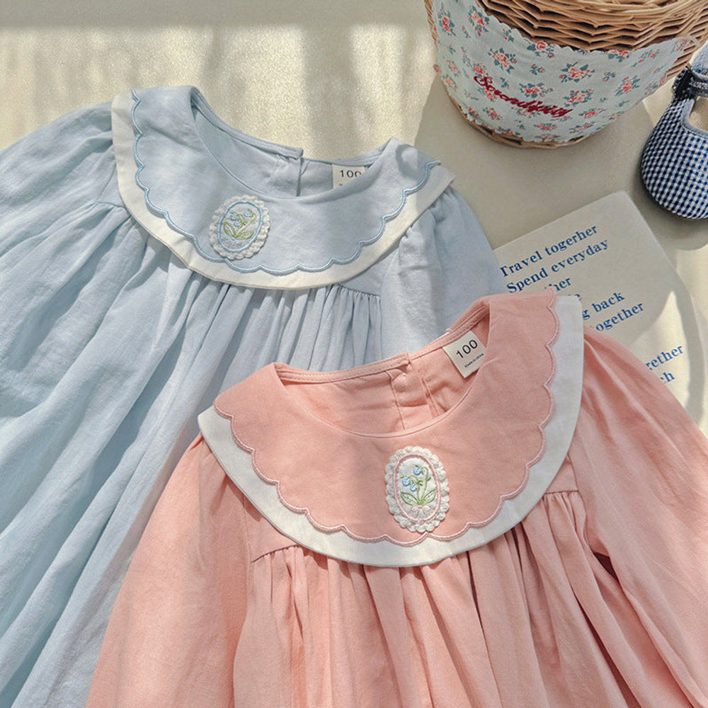 MyKids-USA® Simple Plain Girls Flower Embroidery Collar Long Sleeves French Style Dress