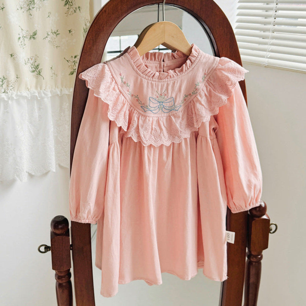MyKids-USA® Design Girls Flowers and Bows Embroidery Ruffle Neck Long Sleeves French Style Dress