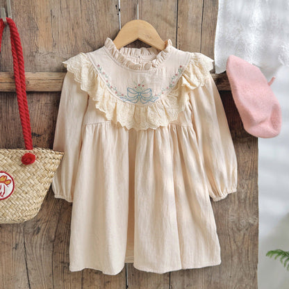 MyKids-USA® Design Girls Flowers and Bows Embroidery Ruffle Neck Long Sleeves French Style Dress