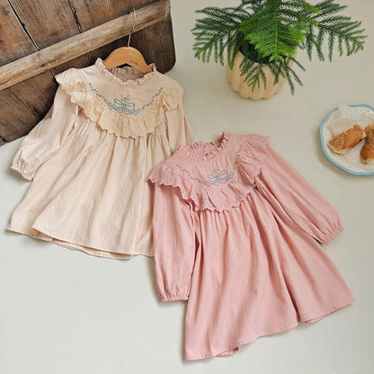 MyKids-USA® Design Girls Flowers and Bows Embroidery Ruffle Neck Long Sleeves French Style Dress