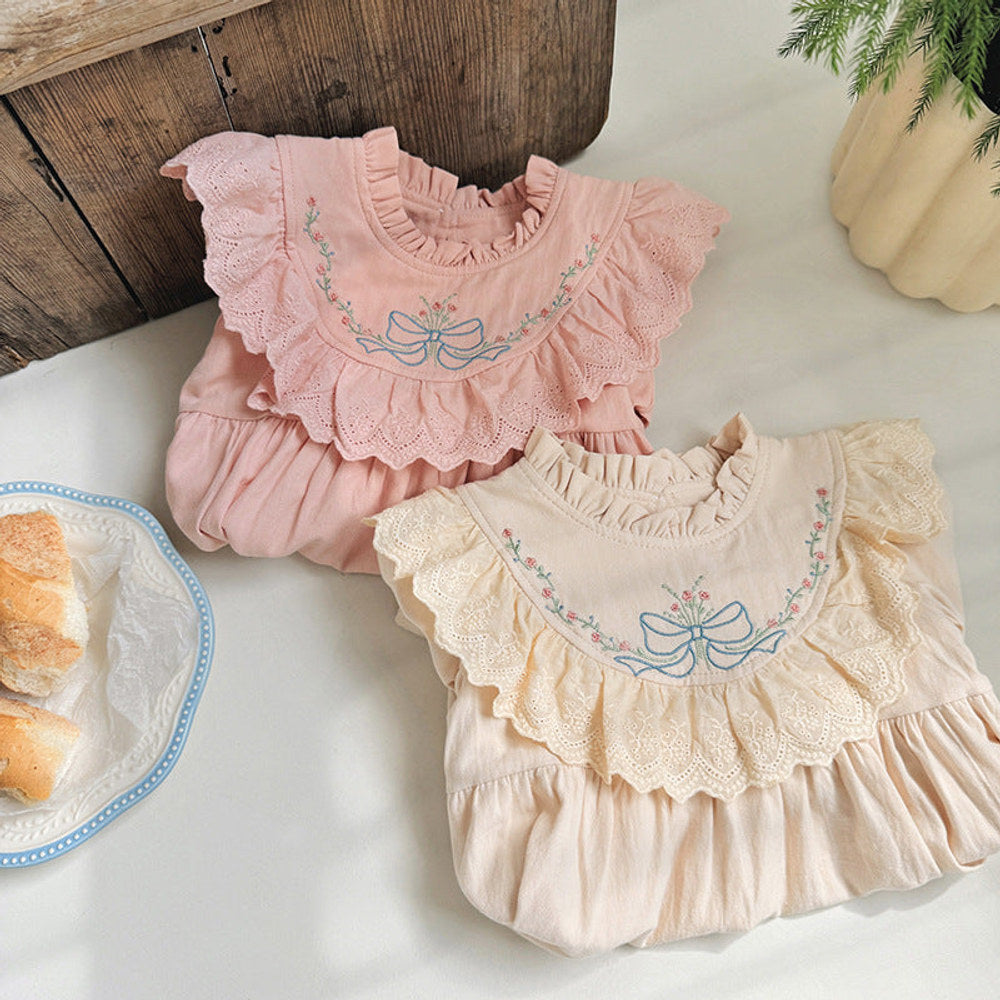 MyKids-USA® Design Girls Flowers and Bows Embroidery Ruffle Neck Long Sleeves French Style Dress