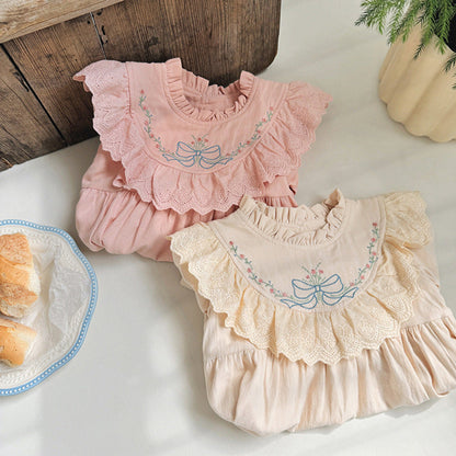 MyKids-USA® Design Girls Flowers and Bows Embroidery Ruffle Neck Long Sleeves French Style Dress