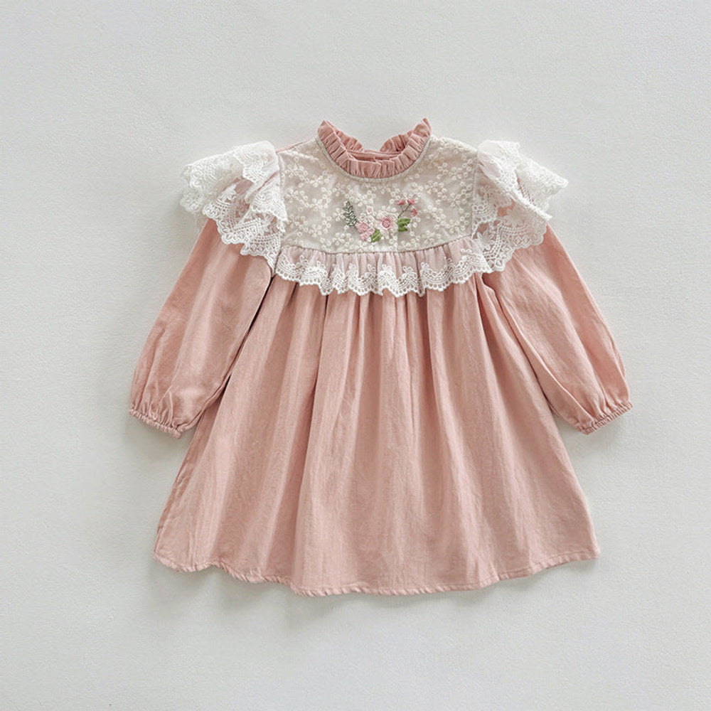 MyKids-USA® Girls Floral Embroidery Pattern Long Sleeves Ruffle Neck Dress