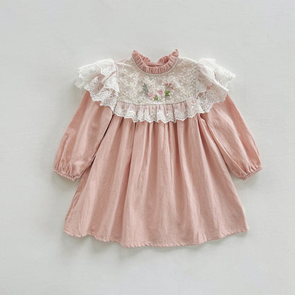 MyKids-USA® Girls Floral Embroidery Pattern Long Sleeves Ruffle Neck Dress