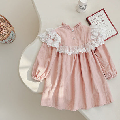 MyKids-USA® Girls Floral Embroidery Pattern Long Sleeves Ruffle Neck Dress
